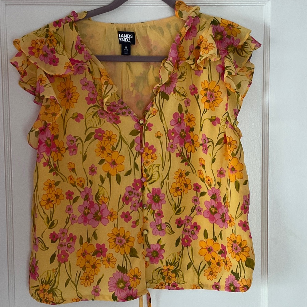 Lands' End Vibrant Yellow and Pink Floral Blouse